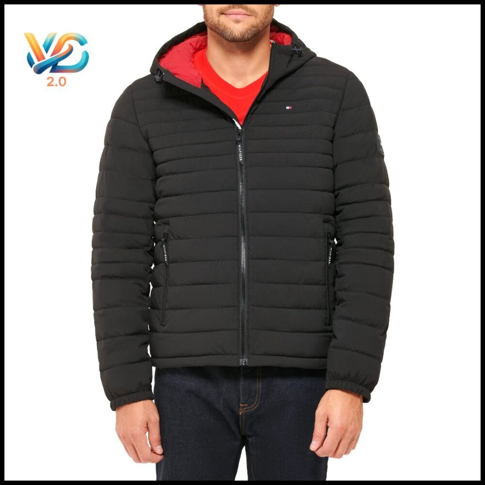 Men's Stretch Poly Hooded Packable Jacket with Zippered Pockets